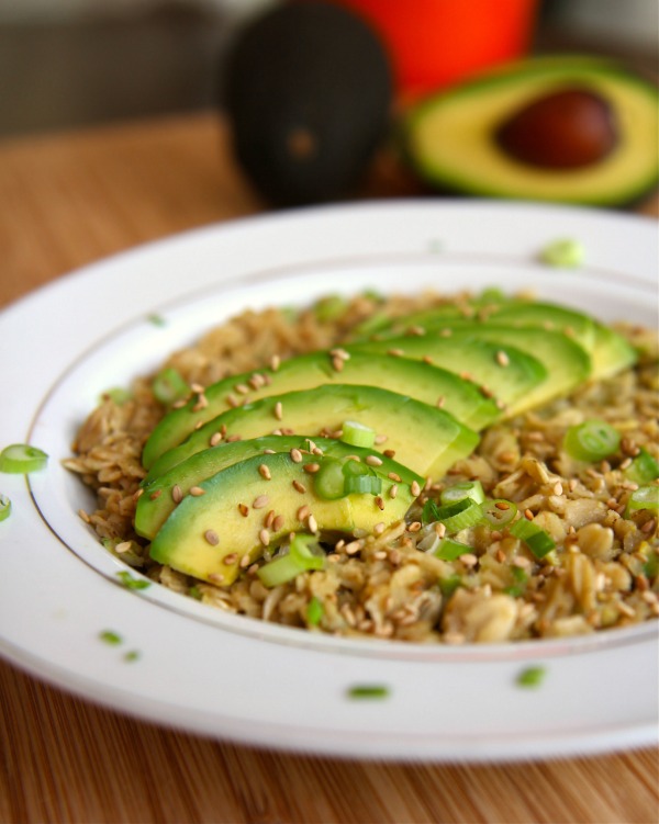 California Avocado Oatmeal with Coconut Milk, Brown Sugar, Soy Sauce, Green Onion, Sesame and Chia Seeds.