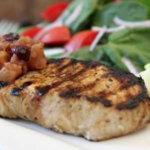 Grilled Orange Soy New York Pork Chops with Apple Ginger Cranberry Chutney - averagebetty.com