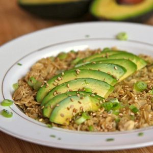 California Avocado Oatmeal with Coconut Milk, Brown Sugar, Soy Sauce, Green Onion, Sesame and Chia Seeds,